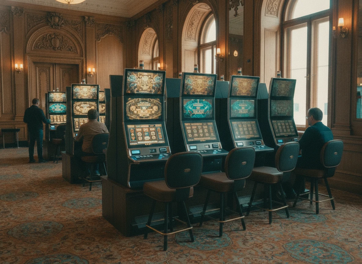 Row of slot terminals in a wood-panelled casino room