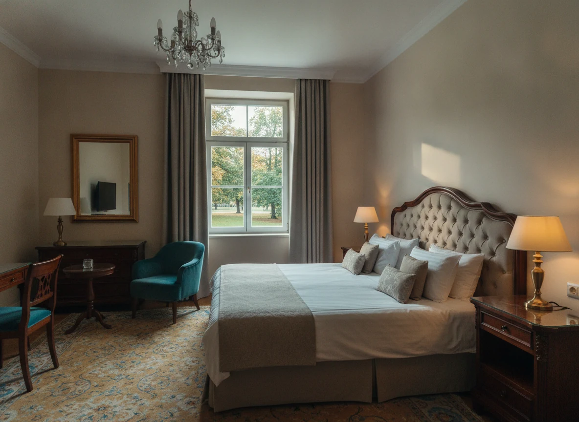Classic park-view hotel room with linen bedding and afternoon light